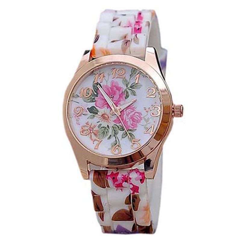 Yamaler Kvinder Flower Print Silicon Band Arabiske Tal Urskive Quartz Armbåndsur_voghion.com