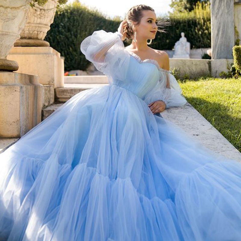 Women's line shoulder gauze long wedding dress swing dress_voghion.com