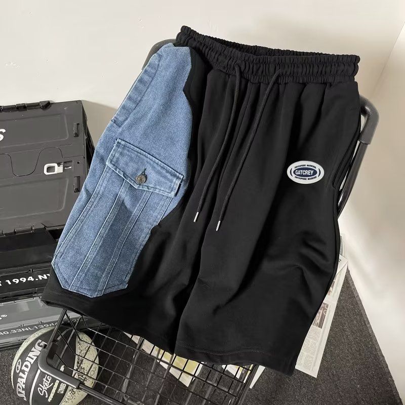 Men's Clothing National trend high street hip hop denim splicing personality shorts men's brand design niche letter embroidered half length pants_voghion.com
