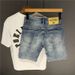 Herrenbekleidung Herren-Jeansshorts im Used-Look mit Stickerei und Spritzer-Design – dehnbare, lässige Streetwear-Cargo-Shorts mittlerer Länge (Hellblau)_voghion.com