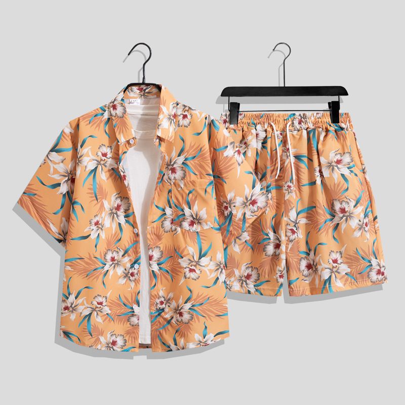 Chemise hawaïenne pour homme, ensemble short ample à manches courtes, tenue de plage tendance et florale pour couple_voghion.com