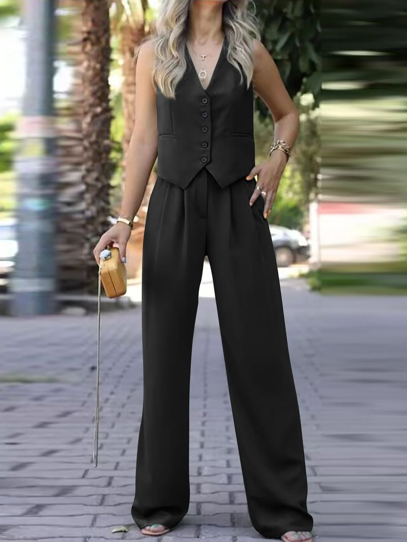 Ärmellose Weste mit V-Ausschnitt, drapierte Hose mit weitem Bein, Freizeitanzug_voghion.com