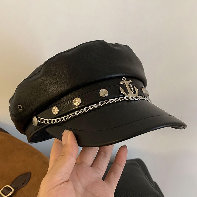 Béret de style britannique rétro pour femme en cuir synthétique polyvalent, chapeau bleu marine, grande circonférence de la tête montrant le visage, petit chapeau_voghion.com