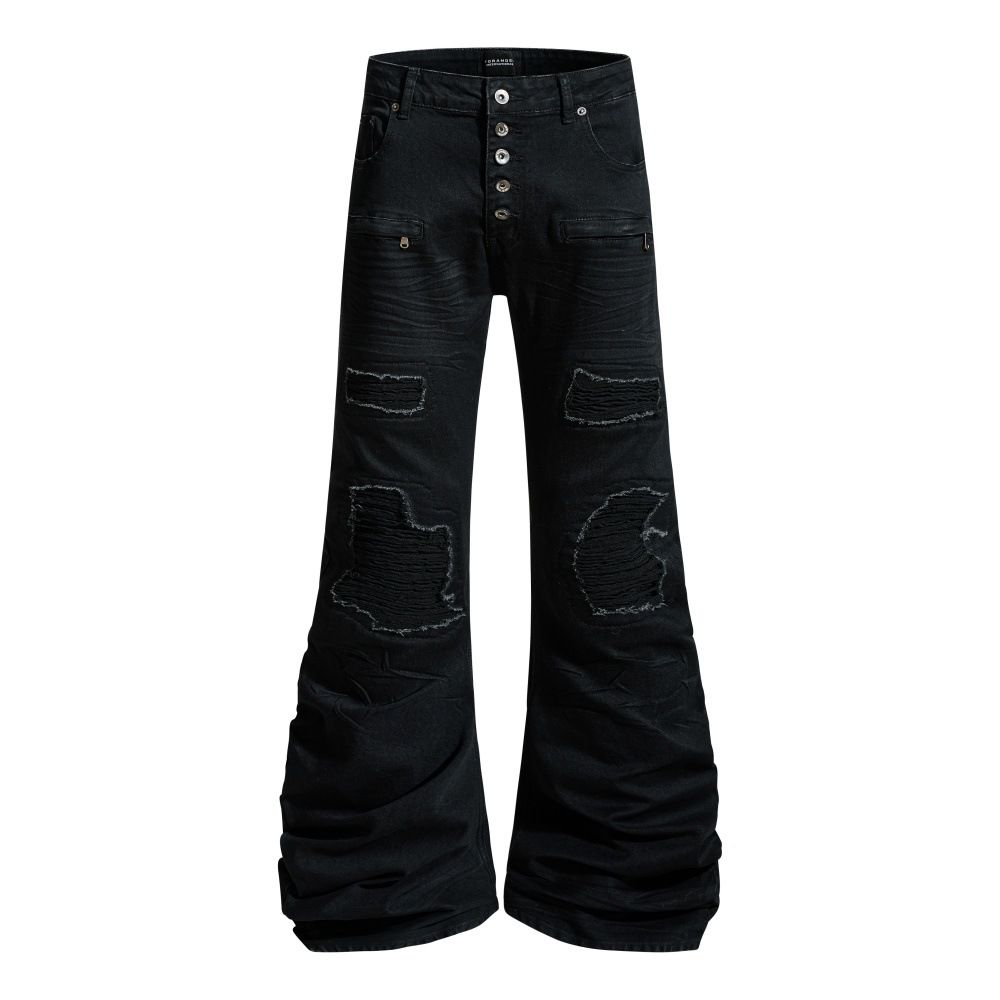 Punk Ripped Patchwork Denim Flared Pants Men's Hippie Trendy Vibes Heavy Pleated Stacked Floor-Length Trousers_voghion.com
