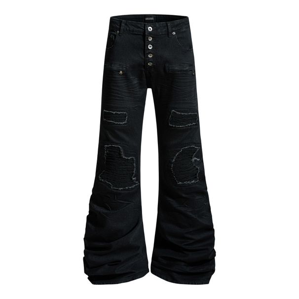 Punk Ripped Patchwork Denim Flared Pants Men's Hippie Trendy Vibes Heavy Pleated Stacked Floor-Length Trousers_voghion.com