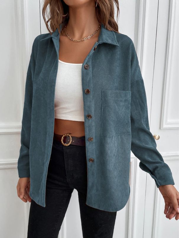 "Elegante camicia a maniche lunghe in velluto a coste con bottoni sul davanti e tasche – Top casual versatile per donna"_voghion.com