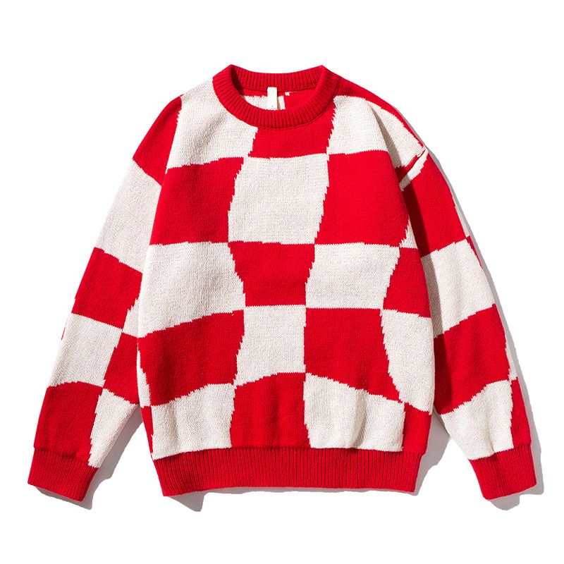 Sweat homme automne hiver nouveau style fesh plaid col rond col rond ample et polyvalent unisexe simple tricot_voghion.com