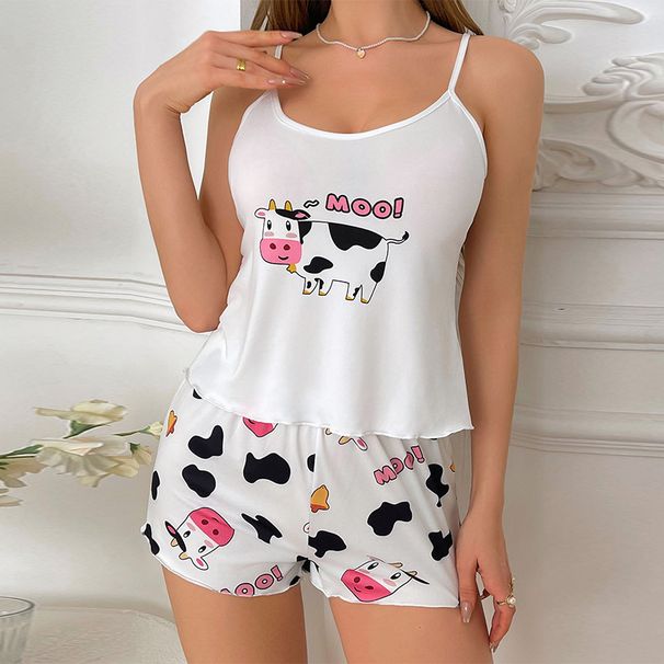Pyjama doux à imprimé animal pour femme, short sans manches à motif vache, tenue de détente confortable deux pièces_voghion.com