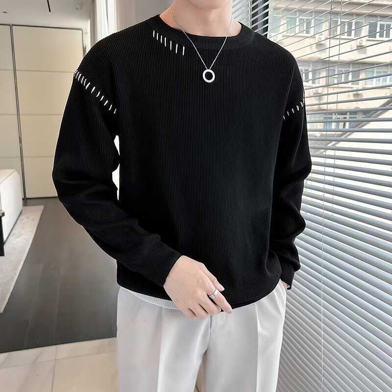 Novo design de suéter de gola redonda com bloqueio de cores para moda masculina de outono e inverno, casual, ajuste fino, ajuste quente, base de pulôver, top de suéter de malha_voghion.com