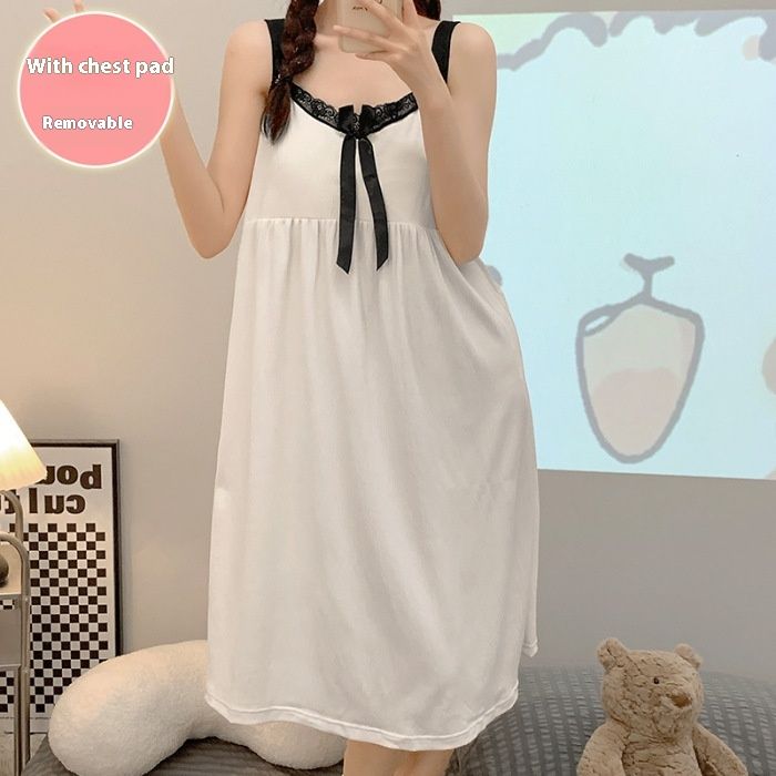 Gekreukte stoffen nachtkleding voor vrouwen in de zomer van 2024, lieflijk hemdje met borstkussen. Verwijder de nachtjapon van gemiddelde lengte_voghion.com