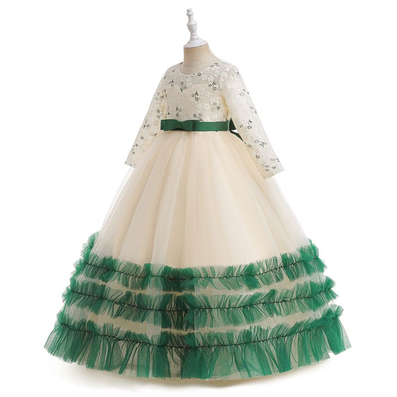 Vêtements pour bébé Grande robe pour enfants Robe longue en dentelle Patchwork Pompadour Robe de princesse Robe à manches longues dos nu_voghion.com