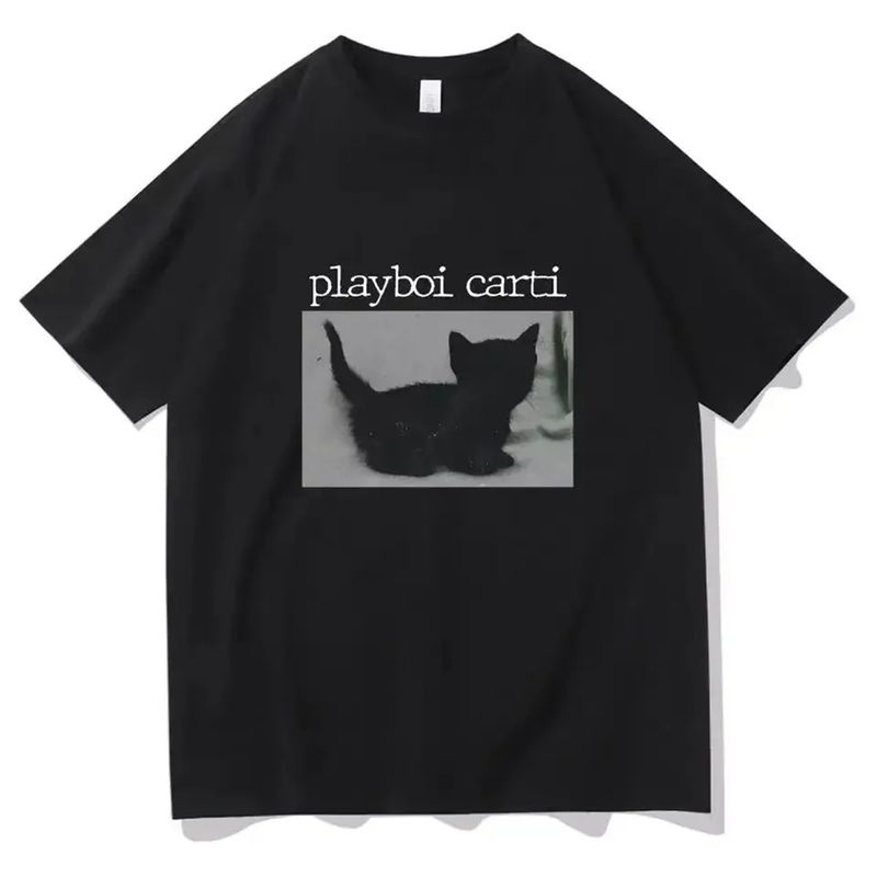 Playboi Carti Oversized Hip-Hop T-shirts Χαριτωμένο μπλουζάκι με τύπωμα Harajuku με τη γάτα, κανονική ανδρική μπλούζα, ποιοτικό ράπερ μπλουζάκι, γυναικείο._voghion.com