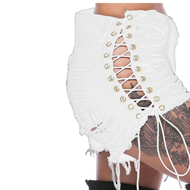 Spring and summer cross border European and American hole side corn bandage elastic women's hot pants denim shorts for women_voghion.com