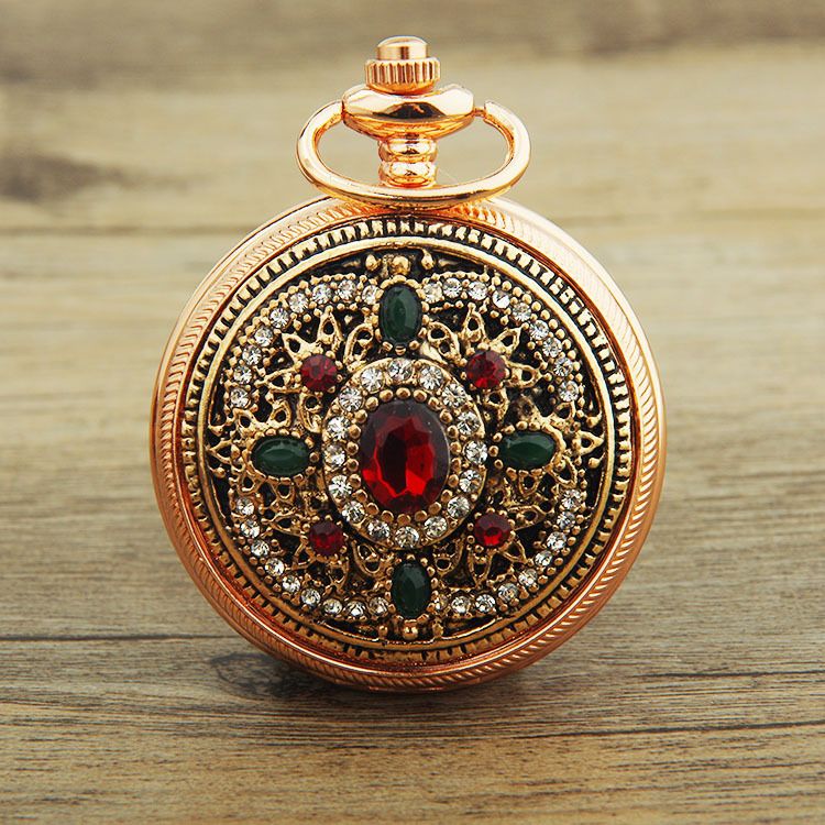 Orologio da tasca creativo unisex con quadrante al quarzo e bordo rosso-verde con diamanti_voghion.com
