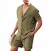 Herren Hemd Set Sommer Sport Kurzarm Shorts Leinen Locker Entspannt tops_voghion.com
