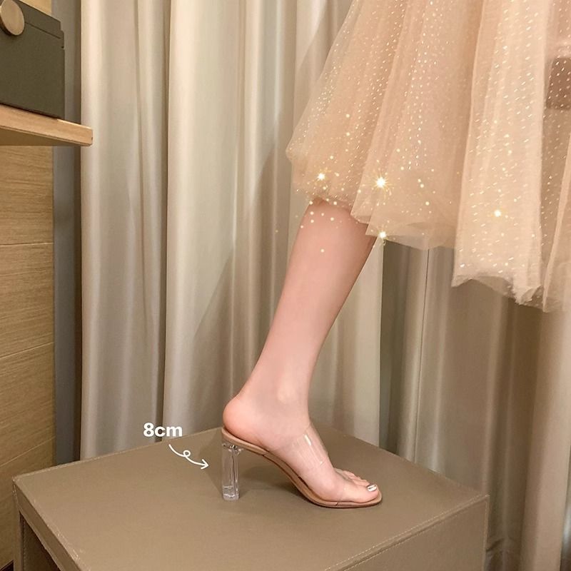 Women's Transparent Crystal Heel Mules - 3" Chunky Block Heel & Square Toe (Beach & Casual Summer Sandals)​_voghion.com