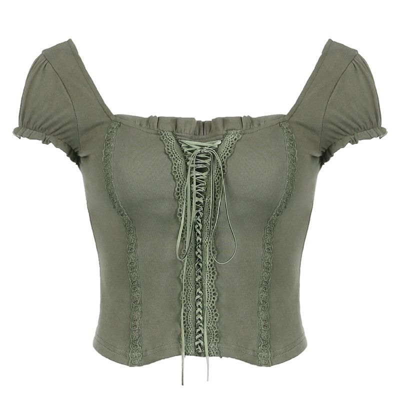 Damenbekleidung Retro-Oberteil mit quadratischem Ausschnitt und Puffärmeln, Sommer-Slim-Fit-Schlankheitsgurt, plissiertes, geteiltes, rückenfreies Strickoberteil_voghion.com