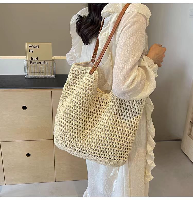 Borsa da spiaggia casual da donna, grande capacità, con tracolla singola, in cotone intrecciato, nuova tote bag in rete cava_voghion.com