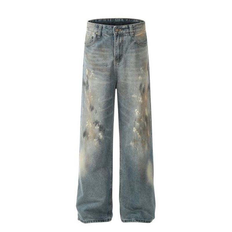 Jeans svasati con schizzi di inchiostro, modello da lavoro, larghi e larghi, stile streetwear, da uomo_voghion.com