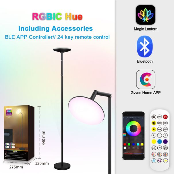 RGB Bluetooth LED-vloerlamp - 360° verstelbare gaminglamp met muzieksynchronisatie en app-bediening, 16 miljoen kleuren voor slaapkamer/kantoor_voghion.com