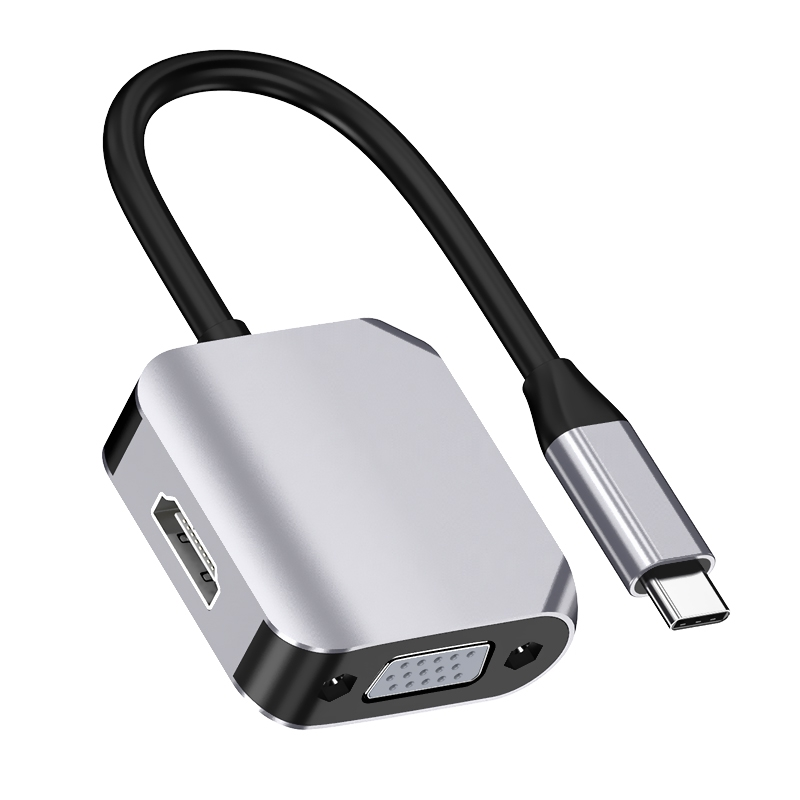 2 i 1 Type-C / USB-C till HDMI + VGA Adapter Converter (grå)_voghion.com