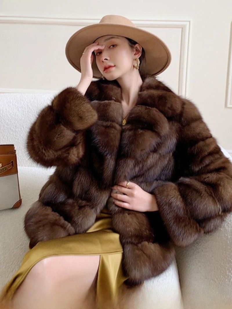Cappotto di pelliccia sintetica di visone di lusso per donna - Giacca invernale corta con motivo a stelle e colletto a tacca, capospalla caldo ed elegante (Castagna, S/M/L)_voghion.com