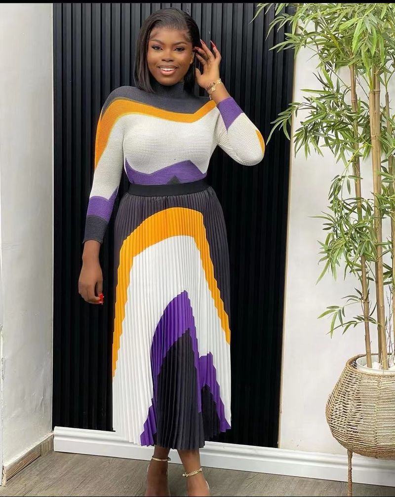 Ensemble deux pièces plissé pour femme, haut à manches longues et jupe longue imprimés_voghion.com