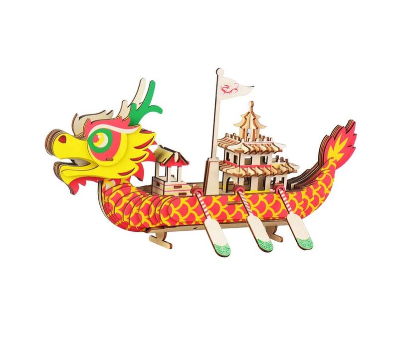 Chinese Dragon Boat Wooden 3D Model Puzzle Kids DIY Assembly Building Blocks_voghion.com