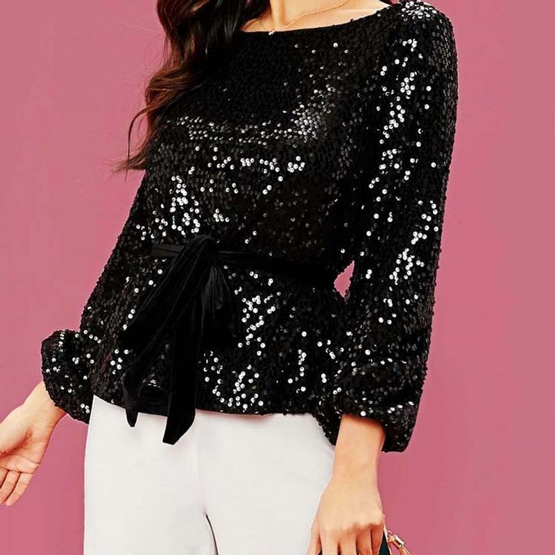 Top pullover da donna con personalità alla moda e paillettes in vita con lacci in velluto_voghion.com