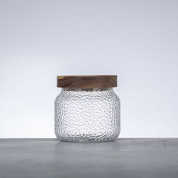 Pote de vidro martelado com tampa de madeira de acácia - recipiente hermético para café, chá, especiarias e produtos secos (padrão decorativo de floco de neve)_voghion.com