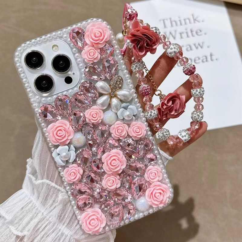 Luxus Glitter Rose Pearl Armband Hülle für iPhone 16 E 15 ProMax 14 Plus 13 MINI 12 11 X XR XS Max 7 8 Halbumwickelte Hülle_voghion.com