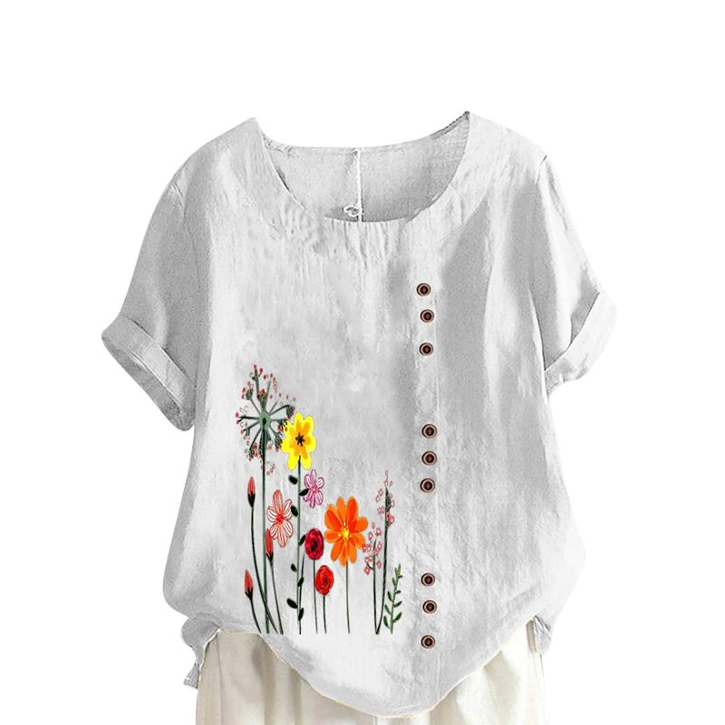 Camicia da donna in lino e cotone stampato con bottone singolo, manica corta, scollo rotondo e orlo diviso_voghion.com