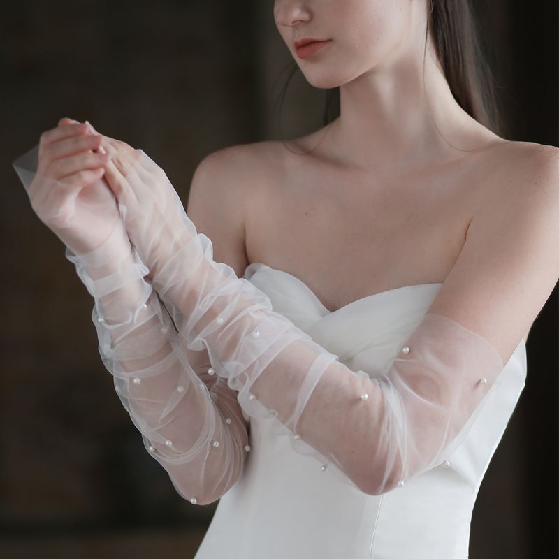 Braço longo branco cobrindo luvas de noiva pérola nó de casamento acessórios de casamento_voghion.com