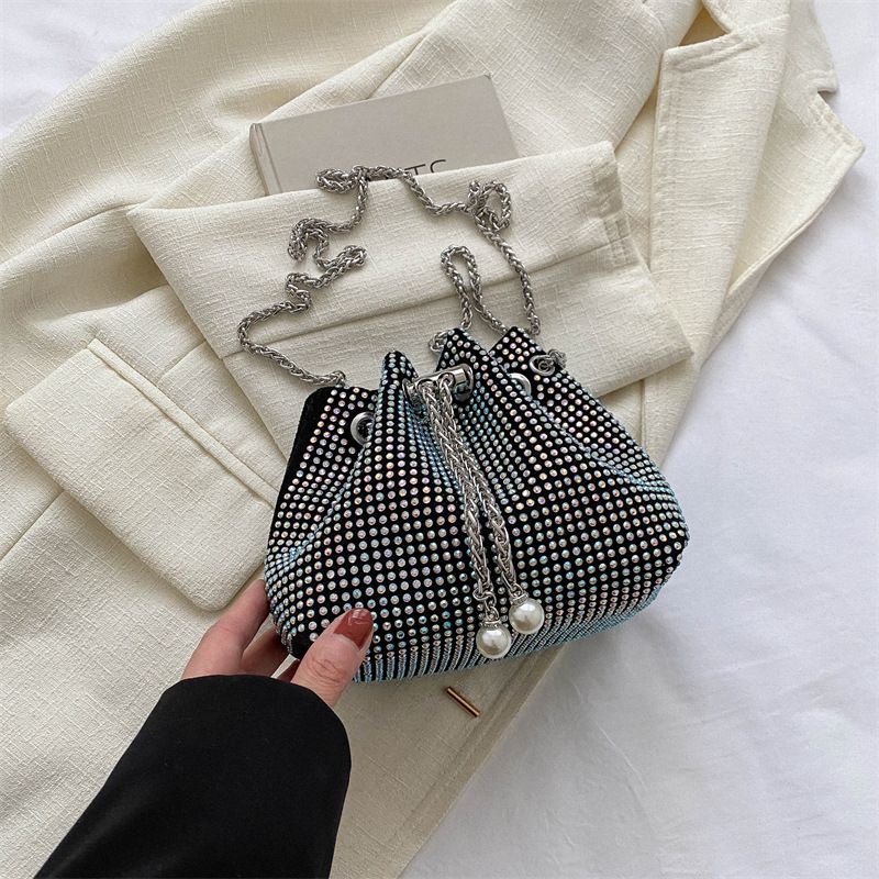 Diamonds Drawstring Women's Bucket Bag Bright Full Diamonds With High Grade Chain Crossbody Bag_voghion.com