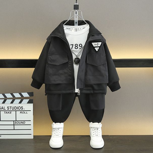 Kannerkleeder Jongen Fréijoer an Hierscht Dräi-Stéck Kostüm mat ëmgedréintem Dräieck 2024 Hierscht nei Jongen Cardigan Zwee-Stéck Kostüm Trendkleeder_voghion.com