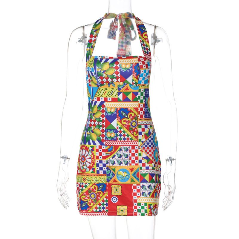 Women's Clothing fashion printed short skirt sexy lace-up halter neck backless dress_voghion.com