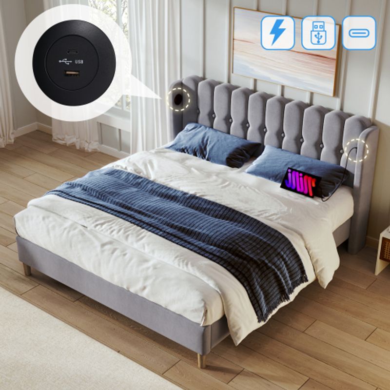 Polsterbett Doppelbett Mit USB Typ C Ladefunktion, Bettgestell Mit Lattenrost, Gepolstertes Bett In Grau, 160 X 200 Cm Bettrahmen Jugendbett Für Schlafzimmer Gästezimmer-Leinenmaterial_voghion.com