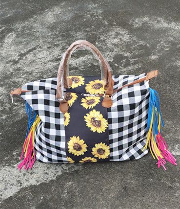 Zwarte en rode geruite sjaal reistas zonnebloem bagagetas kwast handtas zonnebloem tas_voghion.com