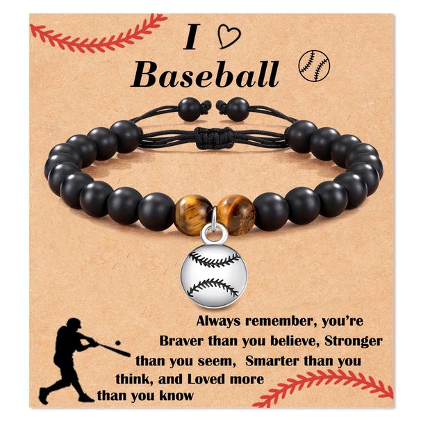 Bracelets Bracelet de sport I LOVE Baseball Basketball Volleyball Pendentif Bracelet noir givré Pierre œil de tigre Bracelet de baseball réglable_voghion.com