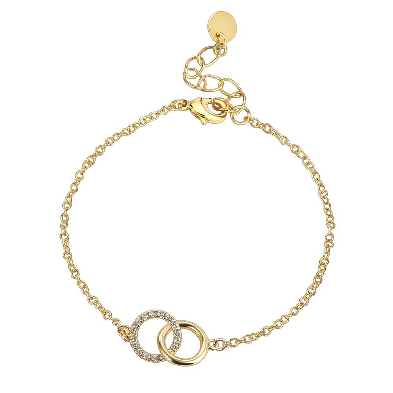 Pulsera sencilla de oro auténtico con diamantes redondos y baño de cobre para mujer, con doble anillo, joyería de mano_voghion.com