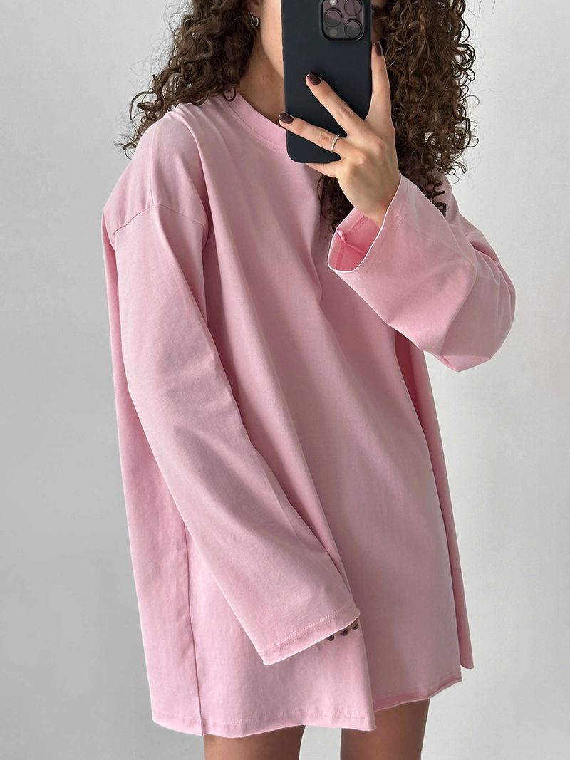 T-shirt oversize a maniche lunghe con scollo rotondo e tinta unita, nuova primavera 2024, in puro cotone per donna_voghion.com