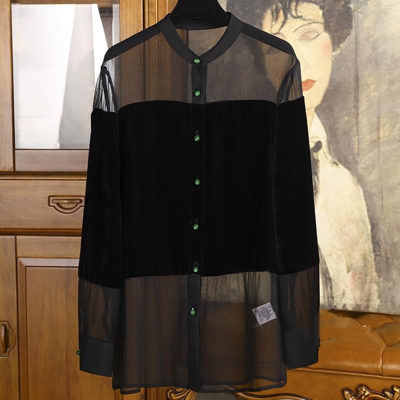 Camicia moda donna in velluto semitrasparente manica lunga tinta unita_voghion.com
