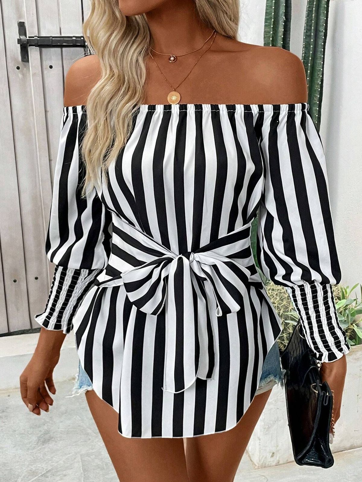 Women's Clothing fashion loose off shoulder lantern sleeve asymmetrical hem striped shirt_voghion.com