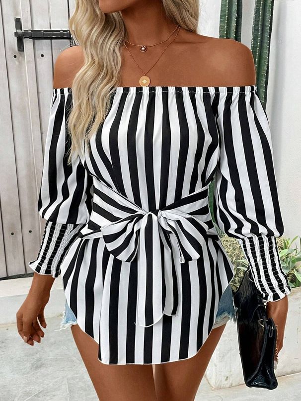 Women's Clothing fashion loose off shoulder lantern sleeve asymmetrical hem striped shirt_voghion.com