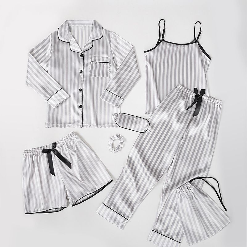 Çocuk Giyim Çocuk İpek Çizgili Pijama Yedi Parça Ev Giyim Seti_voghion.com