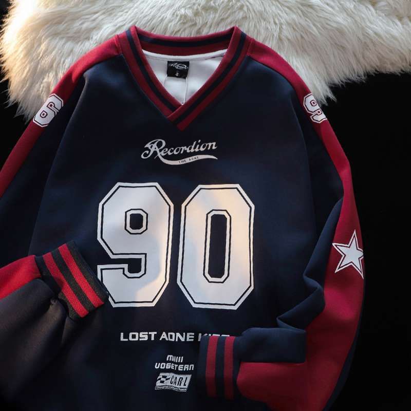 Men's Clothing Retro Contrast Collar Sweatshirt Spring And Autumn Color Matching Long Sleeve Jersey Style Sports Top_voghion.com