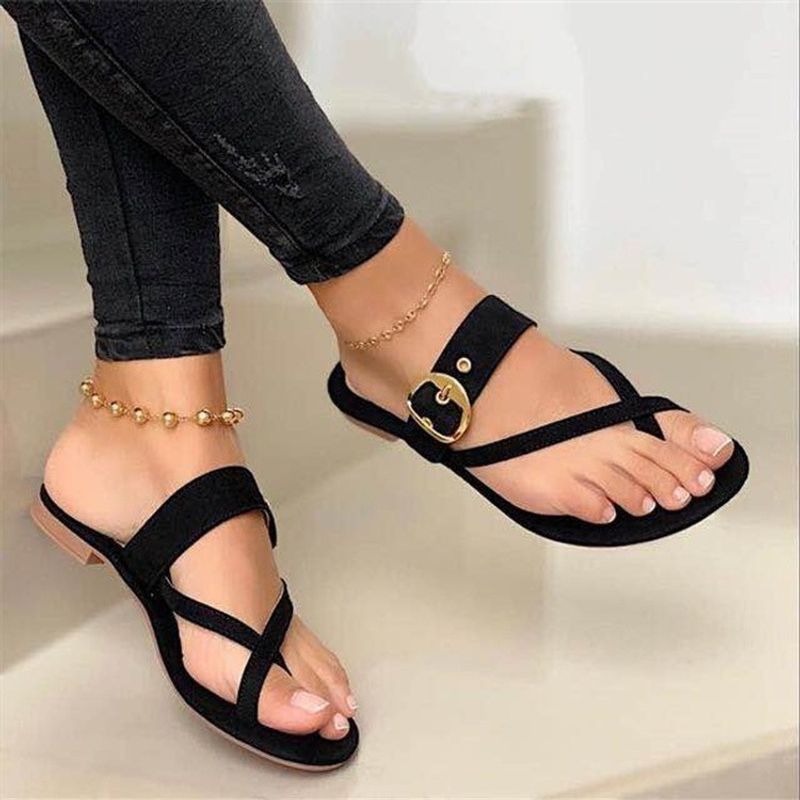 Large size bottomed flip flops for women with metal belt buckle and flat heel sandals_voghion.com