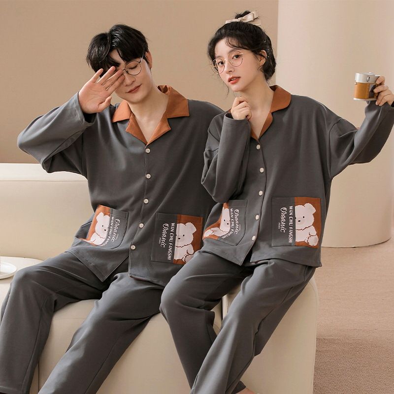 Cotton long sleeved pajamas for couples autumn winter, casual cardigans in spring autumn, loose fitting men's and_voghion.com
