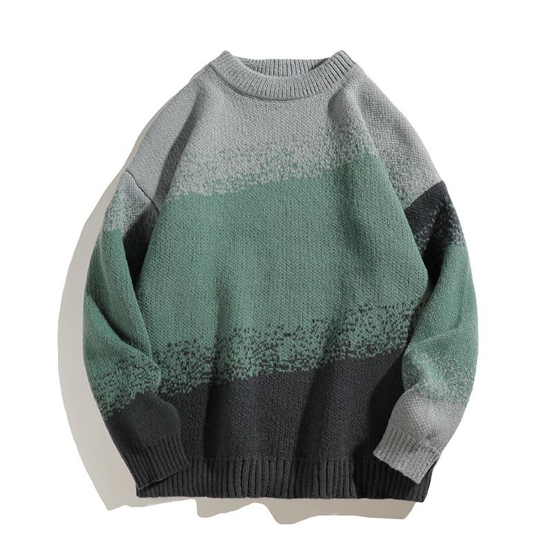 New gradient contrasting long sleeved sweater for men's winter round neck warm soft and sticky knit sweater with inner top_voghion.com