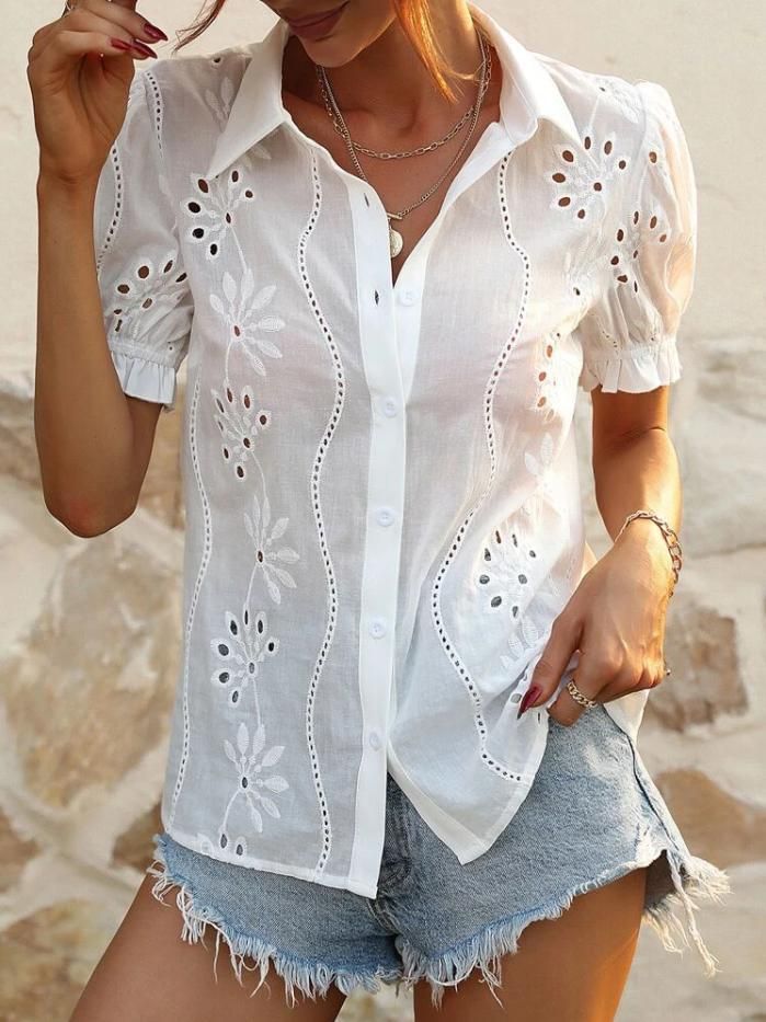 Dametøj Forår og sommer Temperament Fritid Ensfarvet Kortærmet Cardigan Knapskjorte_voghion.com